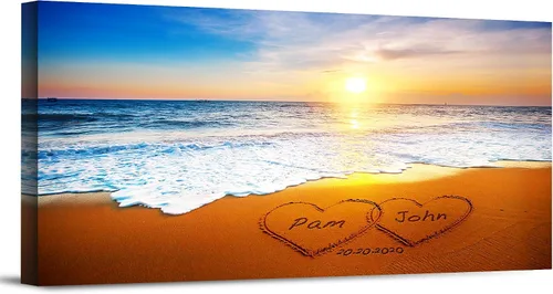 Vista 15 de Corazón y corazón en hermoso amanecer fotos personalizadas únicas o impresiones en lienzo con nombres de pareja y fecha especial en la playa, regalo