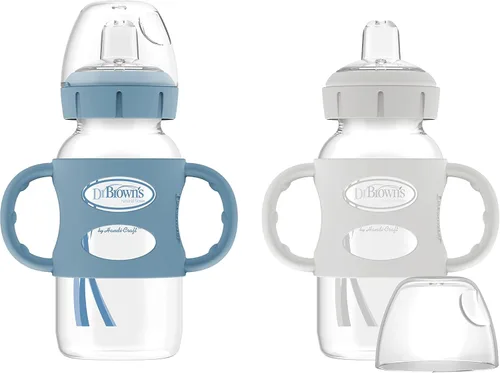 Vista 13 de Dr. Brown's Milestones - Botella de transición de cuello ancho con asas de silicona, 9 onzas, 9.1 fl oz, 19.7 ft+ azul claro y gris, paquete de 2