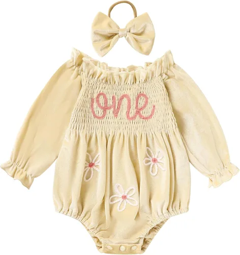 Vista 15 de GRNSHTS Ropa de primer cumpleaños para niña de terciopelo de un año de edad, mameluco de manga larga + diadema, 2 piezas de trajes de pastel