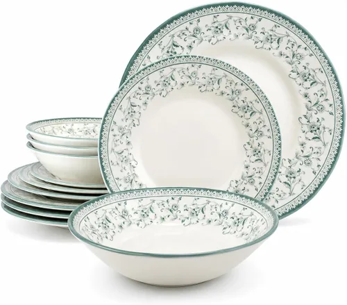 Vista 12 de TUDOR ROYAL - Juego de vajilla redonda de porcelana de 12 piezas, servicio para 4, diseño azul aster, multicolor floral, platos, tazones, tazas