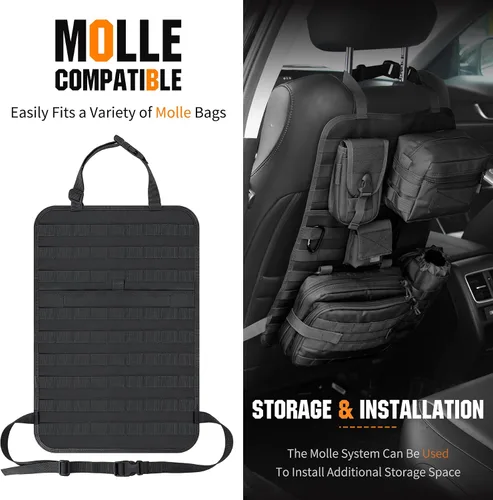 Vista 2 de Organizador de respaldo de asiento de automóvil, panel táctico Molle a prueba de hundimiento, protector de asiento de vehículo de nailon