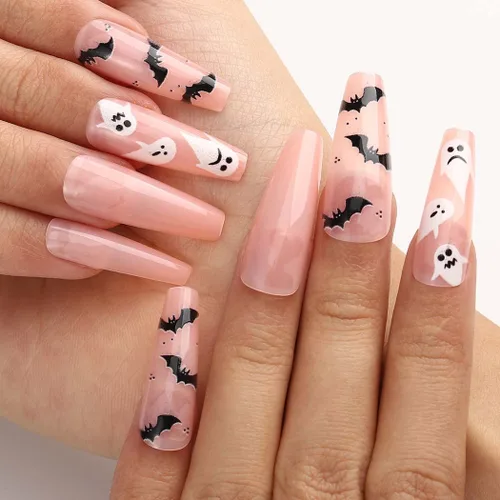 Vista 3 de Uñas postizas de Halloween con diseño de ataúd, uñas postizas acrílicas extralargas con diseños, uñas postizas de cobertura completa con gel, 24