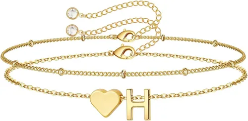 Vista 35 de M MOOHAM Pulseras de oro con inicial de corazón para mujer, pulseras con dije de letra A-Z de corazón dorado en capas para mujer, pulseras