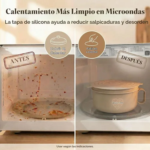 Vista 2 de Tazón de ramen para microondas de 40 onzas, olla de ramen con tapa, regalo Beige