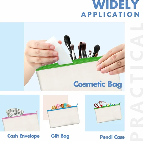 Vista 5 de Paquete de 8 bolsas de lona coloridas con cremallera, bolsas para manualidades DIY, bolsas de lona de viaje para maquillaje, cosméticos, artículos