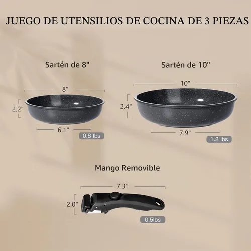 Vista 5 de GiPP Juego de sartenes antiadherentes de cerámica, mango extraíble, apto para lavavajillas y horno, sartenes antiadherentes con mango desmontable