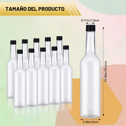 Vista 2 de Tioncy 10 piezas 15 oz botellas de cuello largo de plástico para coquito, botellas de vino de licor transparentes vacías con tapas de rosca
