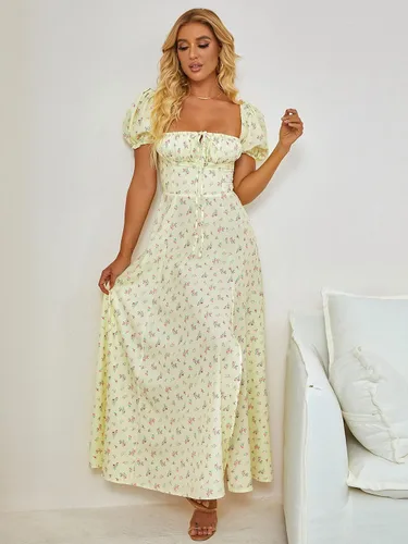 Vista 3 de Women's Summer Puff Sleeve Floral Split Maxi Dress Flowy A Line Casual Beach Long Dresses