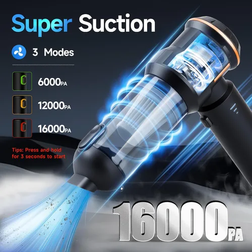 Vista 3 de Mini aspiradora portátil inalámbrica para automóvil, 16 KPa, motor sin escobillas de 80000 RPM, plumero de aire comprimido 4 en 1 de mano y soplador
