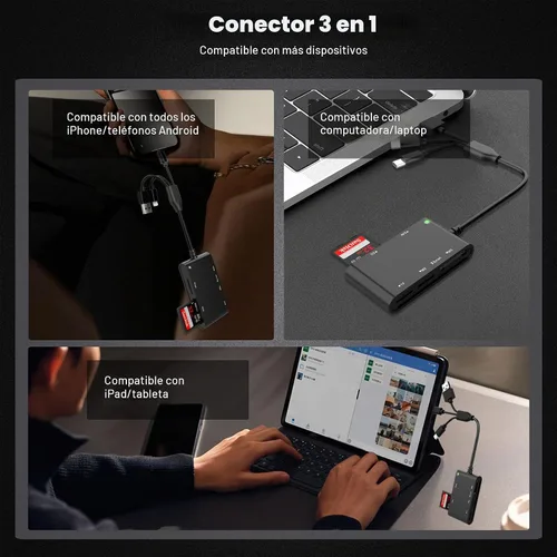 Vista 4 de Lector de tarjetas inteligentes 7 en 1 con conectividad de 3 puertos - Lightning/USB-C/USB-A Lector de tarjetas CAC y PIV, SD/TF/MS Pro
