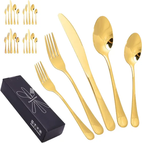 Vista 6 de Juego de cubiertos de acero inoxidable, juego de vajilla de 20 piezas, elegante cuchillo, tenedor, cuchara, cubiertos, servicio para 4 (dorado)