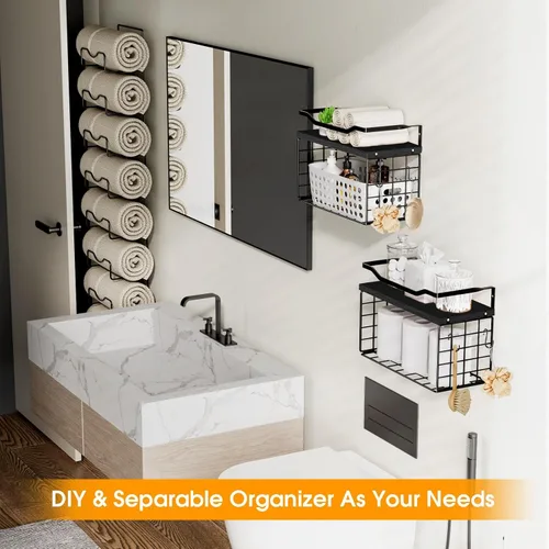Vista 5 de Toalleros para baño, toallero montado en la pared, soporte para toallas de 6 niveles enrolladas o dobladas con estantes flotantes, portotoallas
