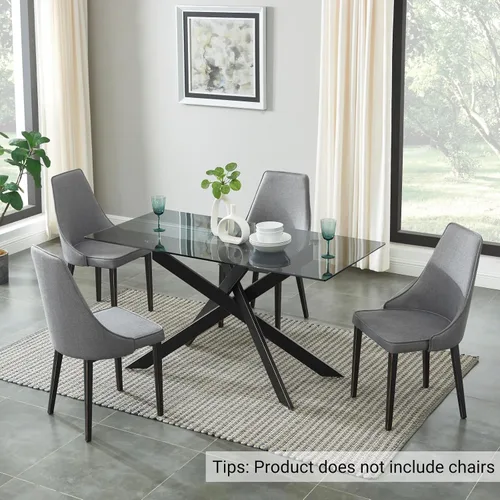 Vista 5 de Mesa de comedor de estilo moderno con parte superior de vidrio templado gris y patas tubulares de metal negro, 58.5 pulgadas de largo x 29 pulgadas