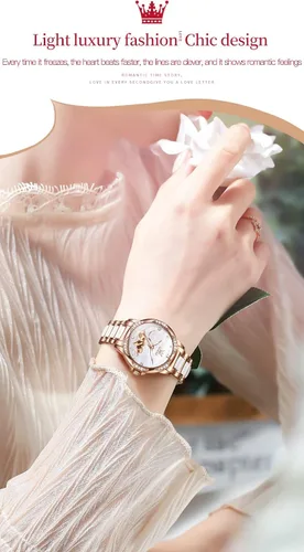 Vista 6 de OLEVS Relojes automáticos para mujer de cuerda automática vestido de lujo de oro rosa diamante blanco cerámica para mujer reloj de pulsera con fecha