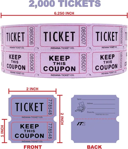 Vista 2 de INDIANA TICKET CO. 2000 boletos morados para rifas de doble rollo, boletos para rifas 50/50, entradas para eventos, carnavales, premios de puertas