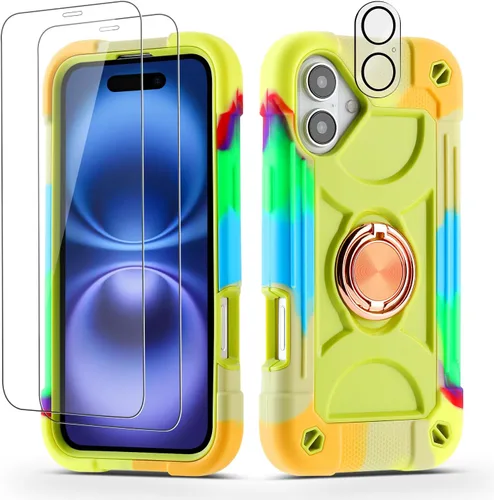 Vista 67 de Funda para iPhone 11 de 6.1 pulgadas con soporte de anillo, con 2 protectores de pantalla de vidrio, resistente a los golpes, resistente a