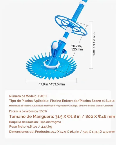 Vista 7 de VEVOR Limpiador de piscina de succión, aspiradora automática de piscina, limpiador automático de piscina lateral de succión, barredora de piscina