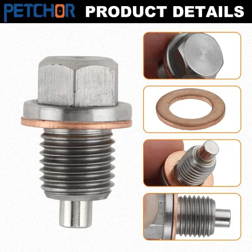 Vista 3 de Tapón magnético de drenaje de aceite de acero inoxidable M12 x 1.5, bandeja del motor con arandela de cobre e imán de neodimio, compatible