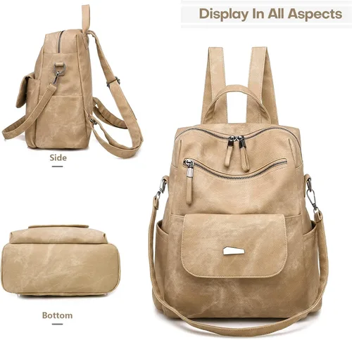 Vista 2 de Mochila de cuero para mujer, mochila de viaje de moda vintage, Caqui, Mochilas de viaje