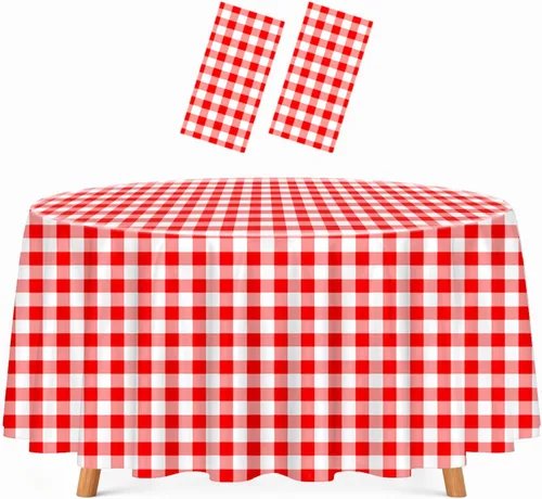 Vista 10 de HEIPINIUYE - Paquete de 2 manteles redondos de 84 pulgadas de plástico beige, manteles de mesa impermeables desechables para redondas, ideales