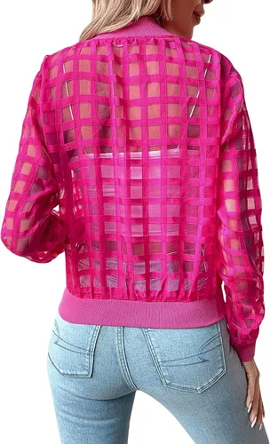 Vista 2 de Floerns Chaqueta bomber de manga larga con cuello de béisbol con cremallera para mujer