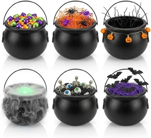 Vista 11 de PMU Caldero de Halloween 6 piezas de 3 pulgadas pequeño de bruja de plástico para caldero negro, para decoración de Halloween