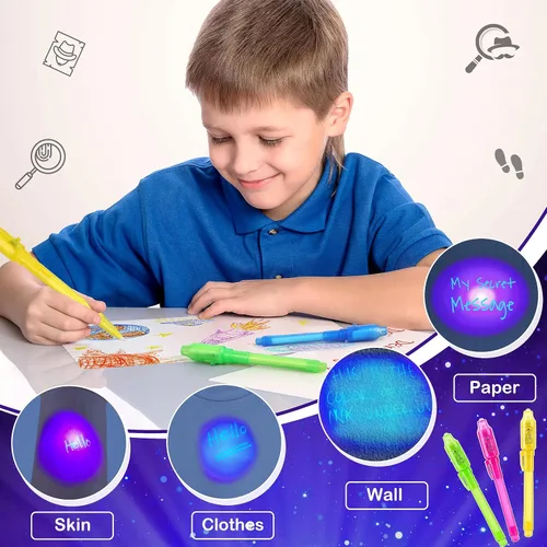 Vista 5 de Joycover Bolígrafo de tinta invisible con luz UV para niños, 28 unidades de bolígrafos espías para niños de 4 a 8 a 12 años, suministros de fiesta