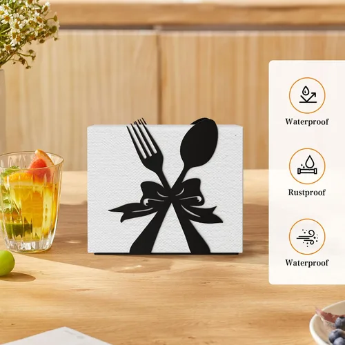 Vista 4 de Soporte de servilletas moderno de pie para mesa, dispensador de servilletas de metal negro, estilo con tema de tenedor y cuchara, adecuado