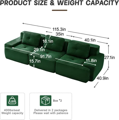 Vista 2 de Sofá Moderno Comprimido Sin Estructura de 117", Sofás Seccionales de 3 Plazas para Sala de Estar, Sofá Seccional Modular de Pana Verde Nube, Espuma