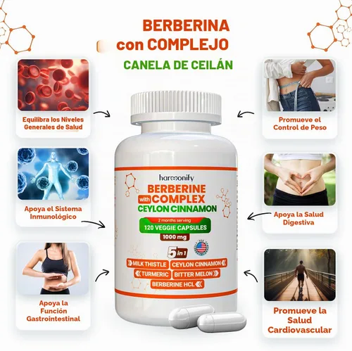Vista 3 de Suplemento de berberina con canela de Ceilán, cardo mariano, cúrcuma, complejo de melón amargo, 120 cápsulas, 1000 mg, vegano, sin OMG