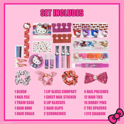 Vista 3 de Estuche de Maquillaje Cosmético Hello Kitty Train Case Incluye Brillo de Labios, Sombra de Ojos, Esmalte de Uñas, Accesorios para el Cabello y Más!
