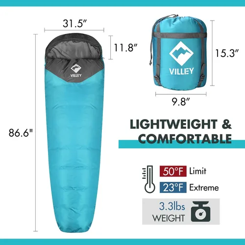 Vista 2 de VILLEY Mummy Sleeping Bag, Lightweight Backpacking Sleeping Bag for Adults & Kids, Camping Hiking Equipment for 3-4 Seasons