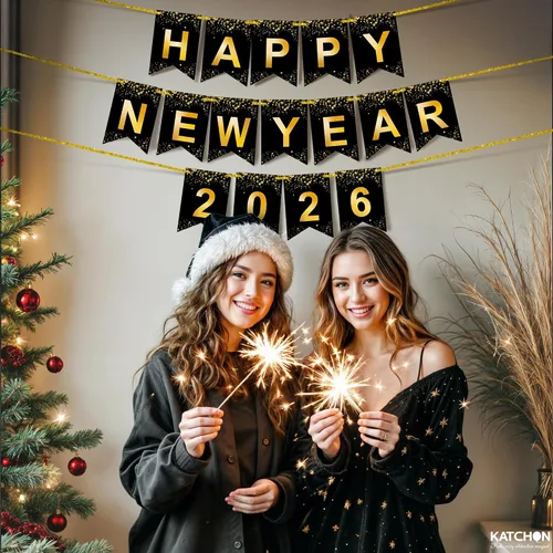 Vista 5 de KatchOn, Pancarta de Feliz Año Nuevo – Grande 10 pies, pre-ensartado Cartel de Año Nuevo para decoraciones de Año Nuevo 2026 Guirnalda de Año