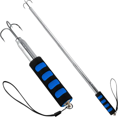 Vista 8 de Alwonder Gaff de pesca telescópica, Lanza de pesca en hielo de triple gancho de acero inoxidable, Poste telescópico de aleación de aluminio
