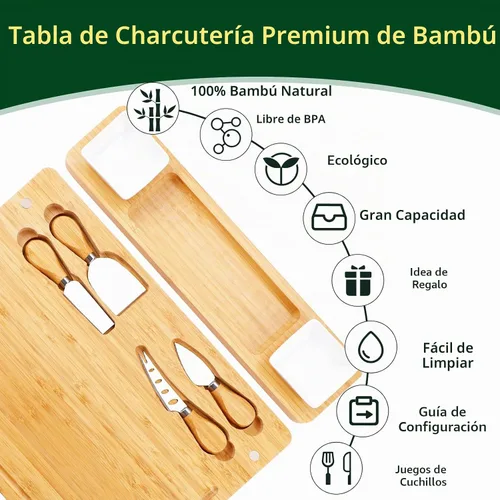 Vista 3 de Juego de tablas de embutidos y cuchillos - Tabla de queso de bambú - Bandeja de queso, carne y vino - Regalos únicos para inauguración de casa