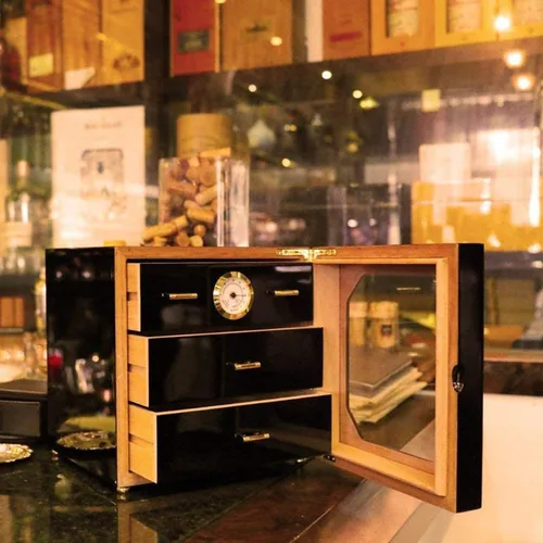 Vista 9 de Humidor de cigarros higrómetro montado en la parte delantera Caja de almacenamiento y humidificador forrado de cedro, acabado de revestimiento negro