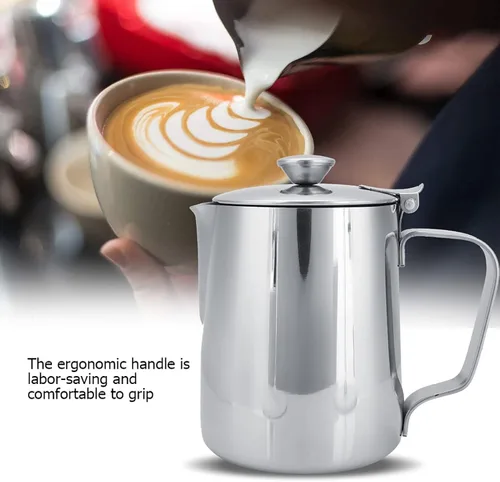 Vista 3 de Jarra de espuma de leche de acero inoxidable 11.8 fl oz con tapa, para arte con leche y espuma de café