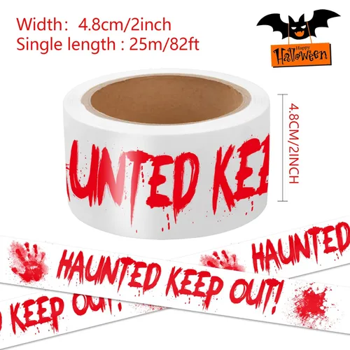 Vista 2 de Cinta de precaución para decoración de Halloween, HAUNTED KEEP OUT rollo de precaución sangriento blanco de escena del crimen de 2 pulgadas x 82