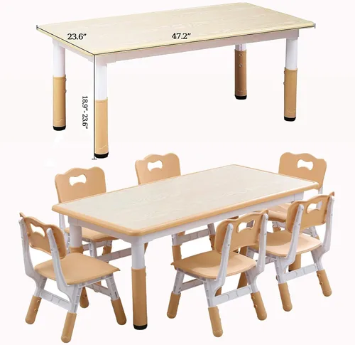 Vista 2 de Juego de mesa y sillas para niños, escritorio ajustable en altura con 6 asientos para edades de 2 a 10 años, mesa de arte y manualidades, escritorio