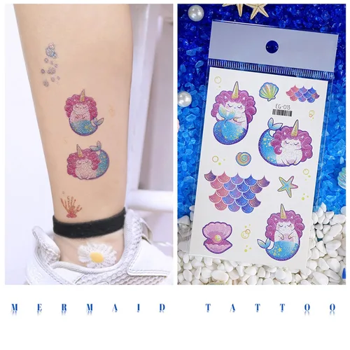 Vista 4 de Yobbai Tatuajes temporales con purpurina para niños, estilos mixtos de mariposa, panda, criatura marina, sirena y dinosaurio, tatuajes falsos