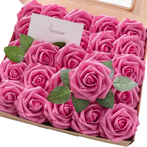 Vista 27 de Floroom Flores artificiales, 25 piezas de rosas falsas de espuma dorada antigua de aspecto real con tallos para ramos de boda DIY, centros de mesa