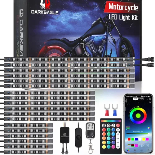 Vista 10 de 8 kits de luces LED RGB segmentadas para motocicleta con control remoto APP/RF, luces subterráneas multicolor con señal de giro de freno, tira