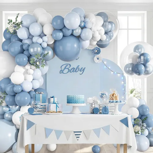 Vista 6 de Ouddy Life - Kit de guirnalda de arco de globos azul polvoriento, 152 piezas, diferentes tamaños Azul y blanco