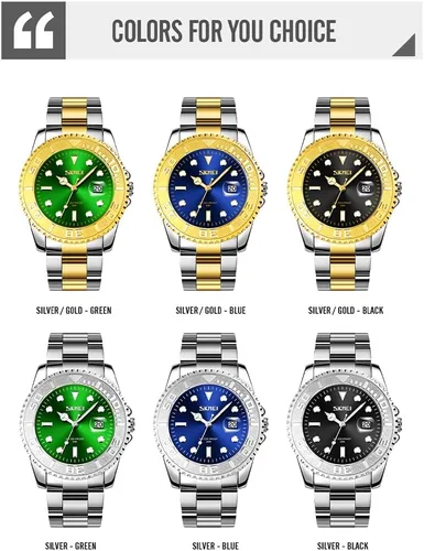 Vista 7 de SKMEI Reloj para hombre, impermeable, a la moda, casual, de acero inoxidable, color plateado, cara grande, analógica, de cuarzo, luminoso, vestido