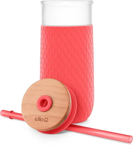 Vista 6 de Ello Devon - Vaso de vidrio con tapa de madera a prueba de salpicaduras y pajita, funda protectora de silicona antitranspirante, perfecto para Coral