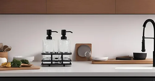 Vista 6 de Juego de dispensador de loción y jabón de vidrio cuadrado transparente con bomba y soporte de metal para baño, cocina, hogar, oficina, viaje, hotel
