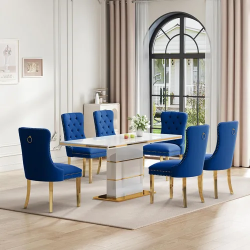 Vista 14 de Mesa de comedor moderna negra para 6 personas, mesa de cocina rectangular de 63 pulgadas con acabado lacado dorado y base de pedestal de acero