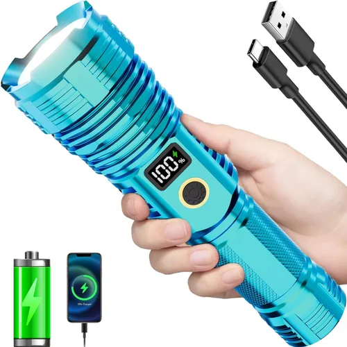 Vista 11 de Linternas recargables de alto lúmenes, 10000 lm LED súper brillante, linternas con zoom con pantalla digital LCD, 5 modos, impermeable, potente