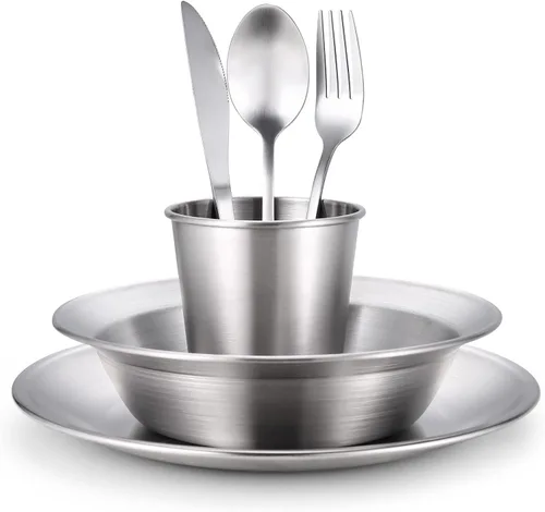 Vista 2 de Odoland Juego de utensilios de cocina de acero inoxidable para acampar para familia y persona, cubiertos de vajilla de cocina con platos, tazones