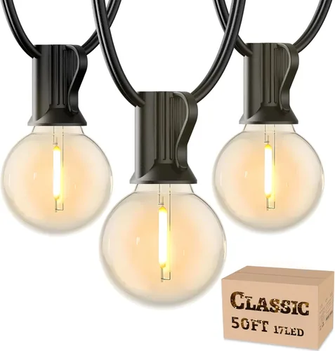 Vista 10 de RTTY Guirnalda de luces LED G40 para exteriores de 25 pies, con 13 bombillas, impermeable, inastillable, regulable, conectable, luces colgantes